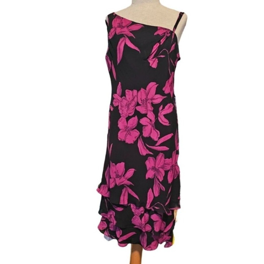 Evan Picone floral dress size 12 fuchsia black asymmetrical midi ruffle hem - Picture 1 of 9